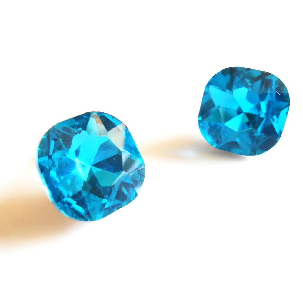 Crystal Cushion-Cut Aquamarine Blue Stud Earrings.